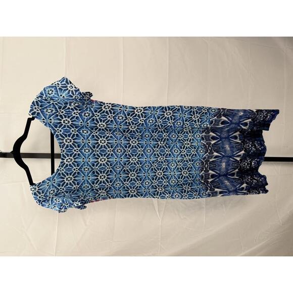 Women's Midi Dress with Blue and Pink Floral Pattern Large Tunic - Picture 5 of 6